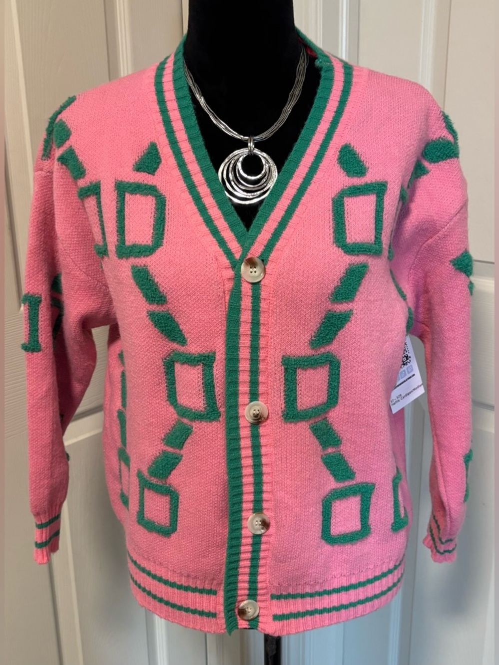 NWT Hallie Pink and Green Geometric  Pattern Cardigan Sweater - Picture 2 of 8